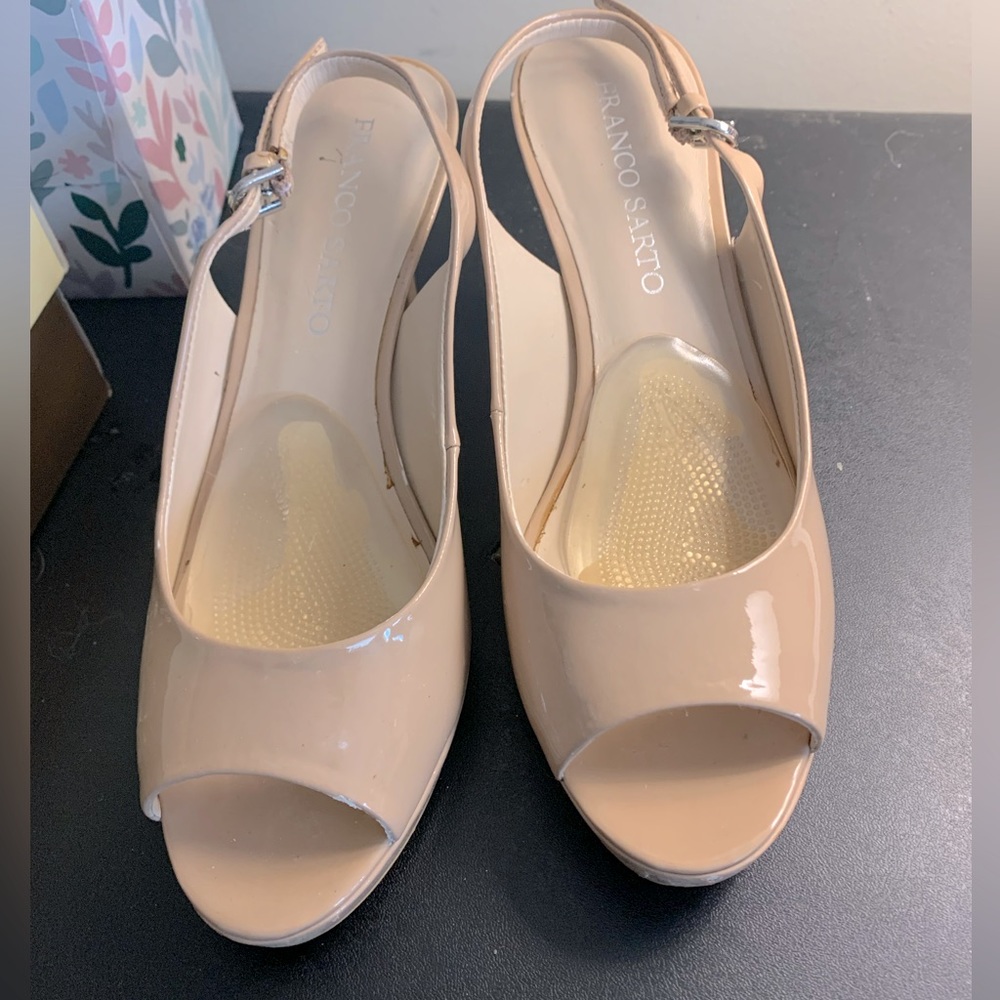 Paten leather nude heels.  Glossy shine.